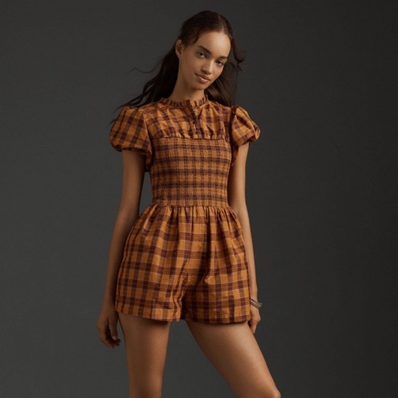 Maeve Pants - Anthropologie Maeve Puff-Sleeved Smocked Romper Orange Plaid - Size Medium